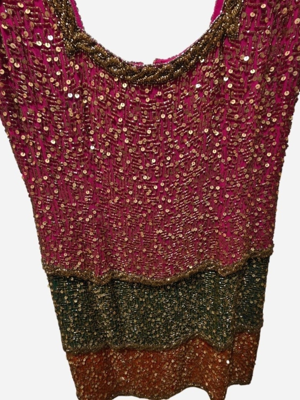 Vintage 1980s Blacktie Oleg Cassini pink, green, and orange sequin mini dress
